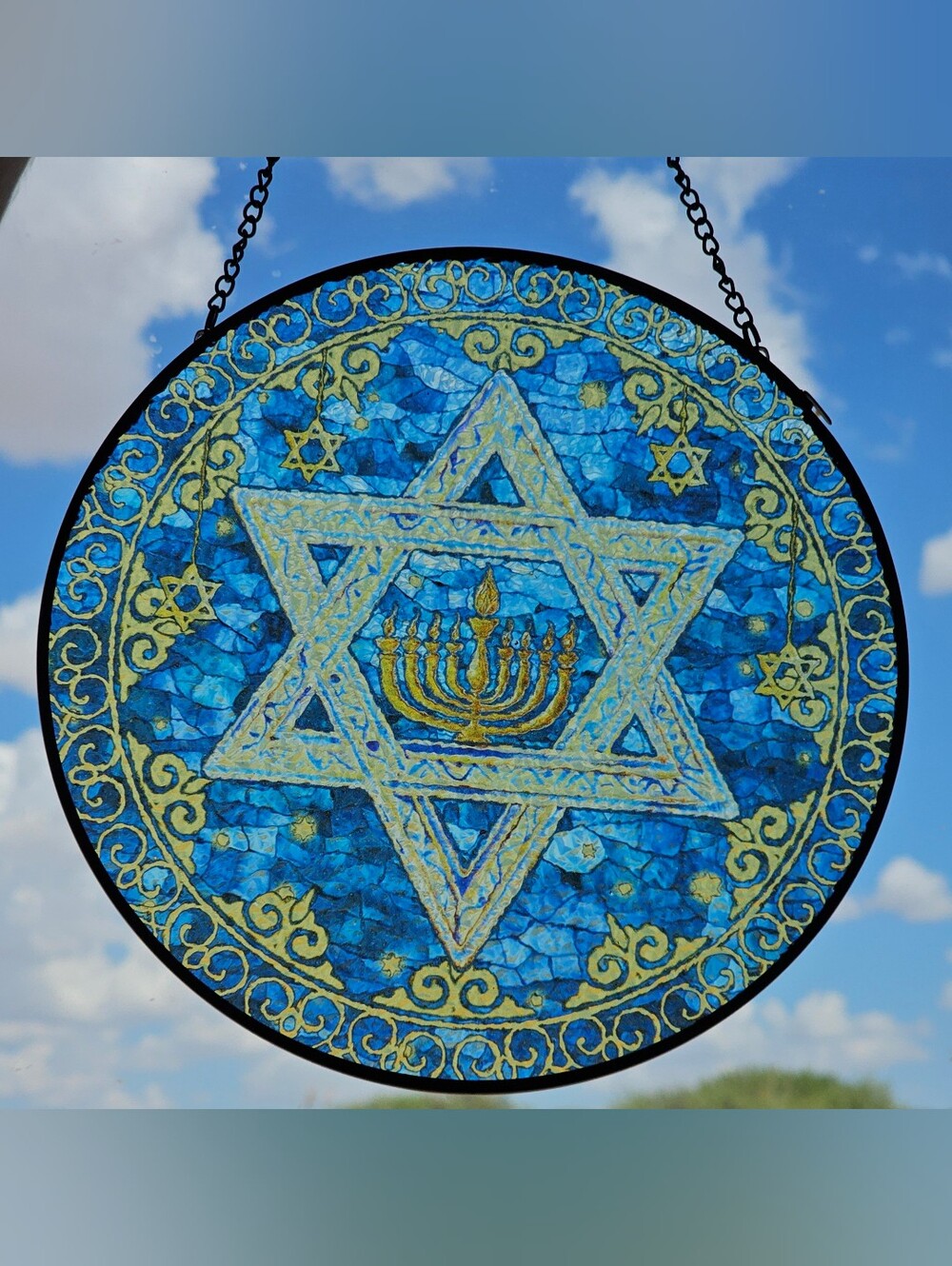 Blue and Gold Star of David Suncatcher Wall Decor